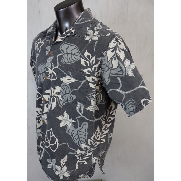 Mens Go Barefoot Hawaiian Shirt Button Front Size L Floral Gray Cotton USA Made - Picture 3 of 7